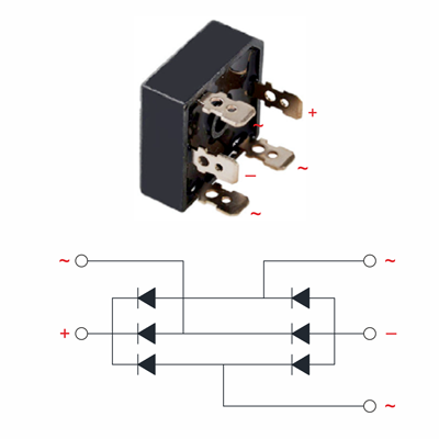 Рис. 1. Принципиальная электрическая схема и расположение выводов модулей серии SKBPC75