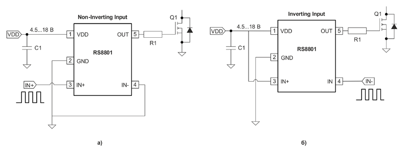 Рис. 1. Схемы включения RS8801 в конфигурации неинвертирующего (а) и инвертирующего (б) драйверов