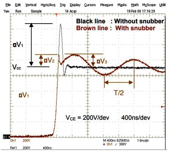 Рис. 6. Влияние снаббера на подавление выброса напряжения