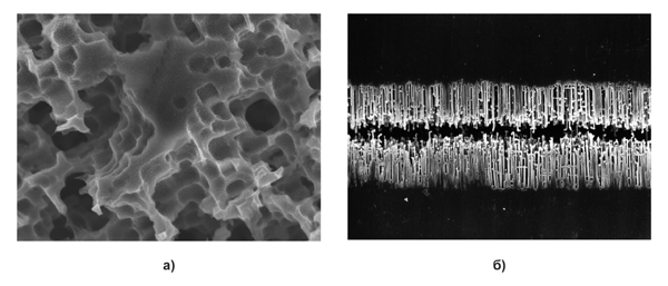 Рис. 6. Алюминиевая фольга АЭК после химического травления: а) поверхность фольги низковольтных конденсаторов; б) структура поверхности фольги высоковольтных конденсаторов (туннельное травление)